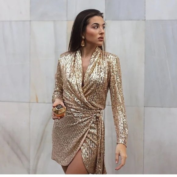 Zara Gold Sequin Short Wrap Dress Blazer - Picture 6 of 11